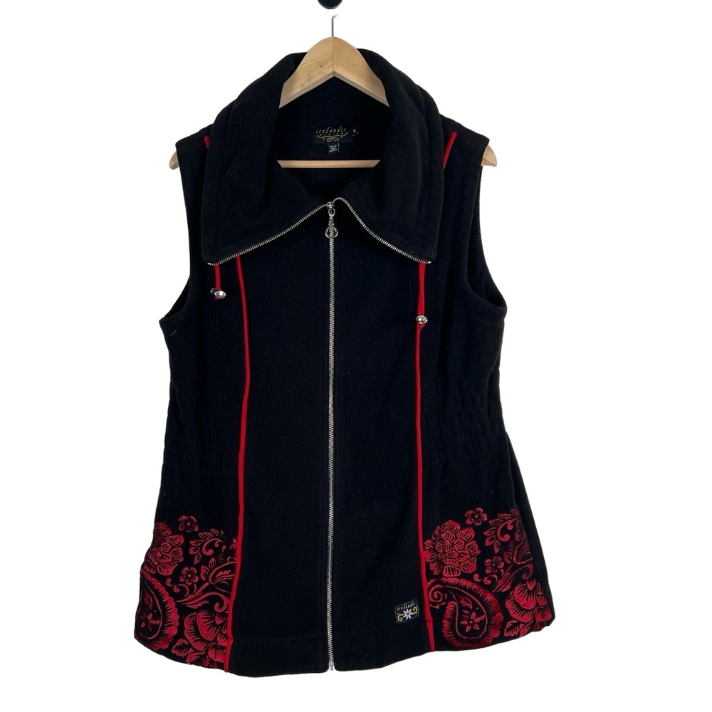 Icelandic Design Polar Fleece Vest Womens‎ XL Black Red Embroidery Nordic Scandi - Picture 2 of 9